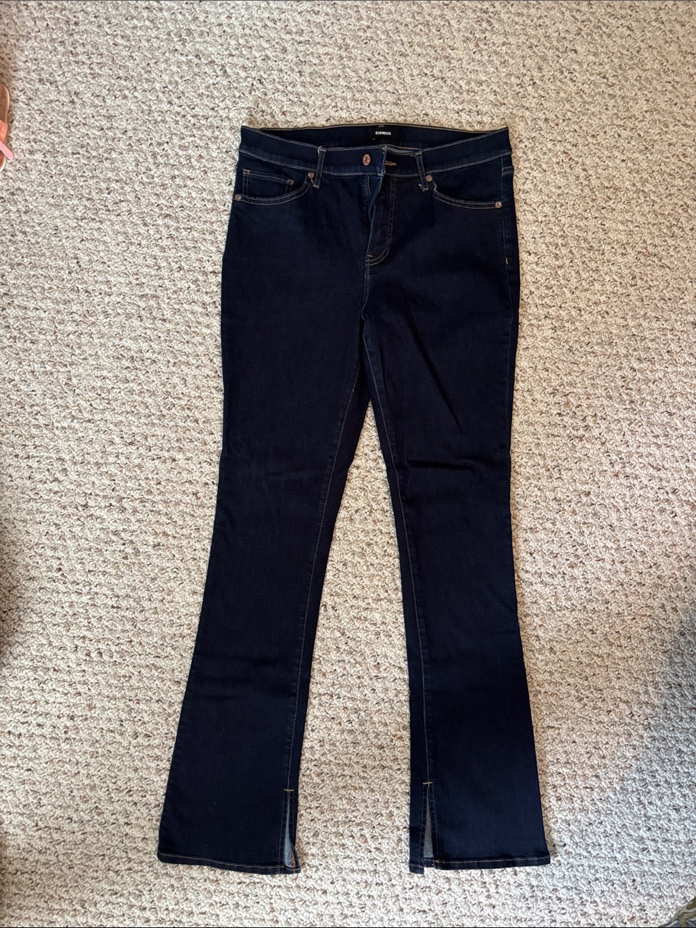 Express Dark Blue Women’s Bootcut Jeans- split hem like new